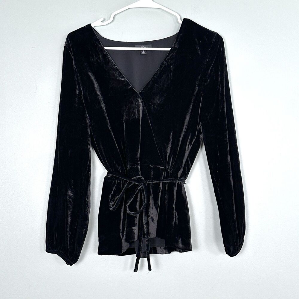 J Crew Black Velvet Wrap Top Womens 6 V Neck Long Sleeve Whimsigoth Witchy